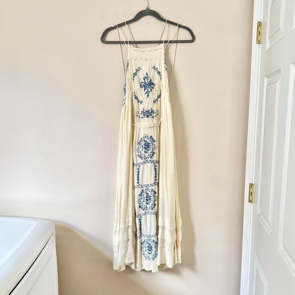 Free People "Diamonds in the Sky" Dress Medium prairie white cream blue midi
